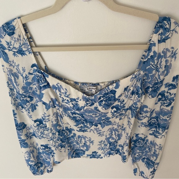 Reformation Reign Top in Olympia Blue Floral Smocked Sweetheart Long Sleeve sz 6 - Picture 6 of 8